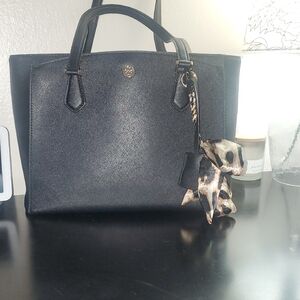 Tory Burch Black Saffiano Satchel with Leopard-Print Charm